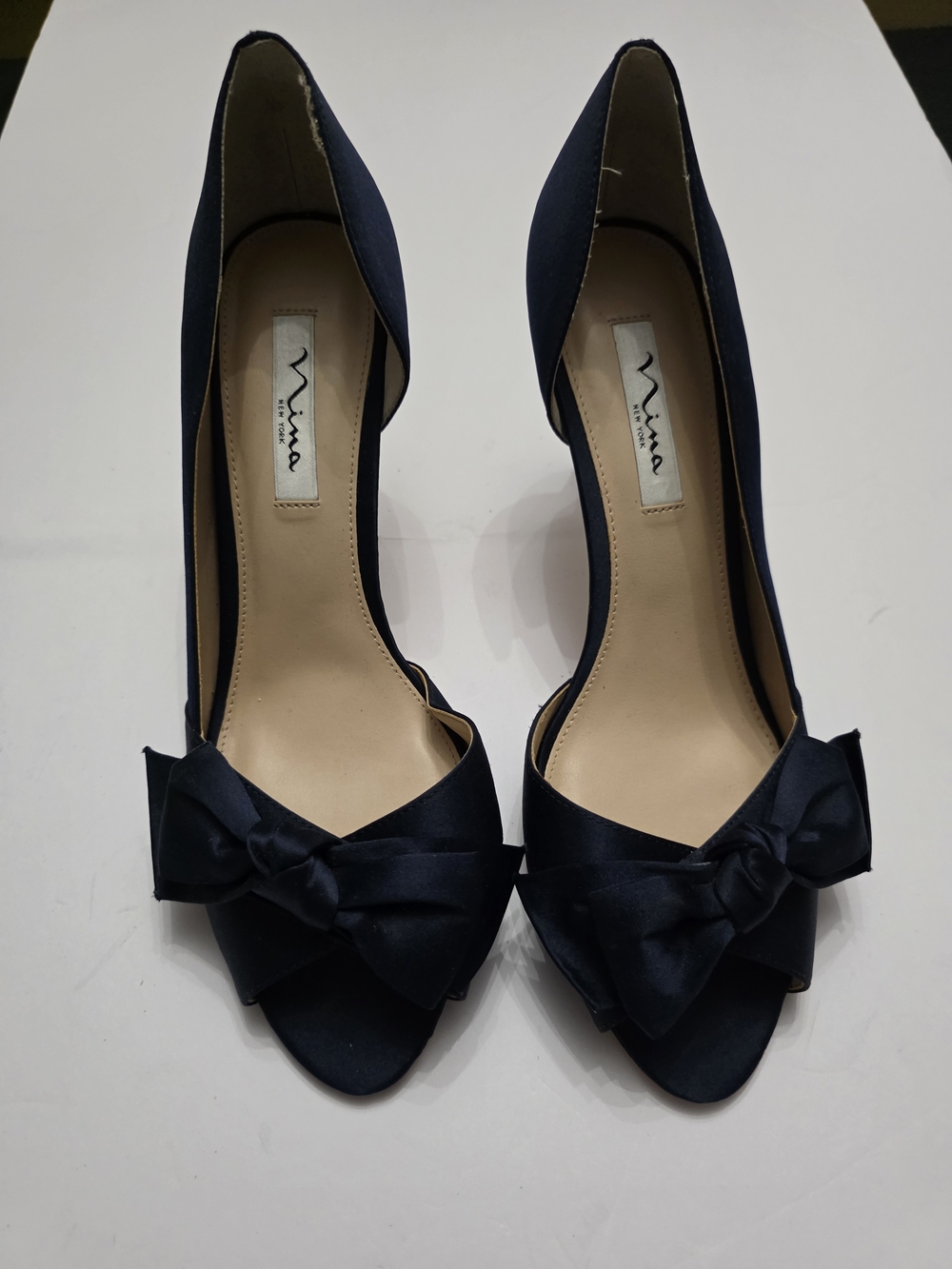 Nina Navy Satin Peep-Toe Bow Heels